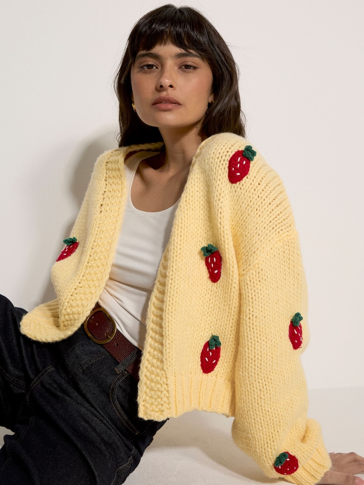 Apricot Yellow Chunky Knit Strawberry Cardigan - Image 1 of 5