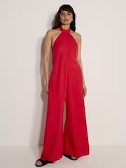 Apricot Red Halter Neck Wide-Leg Jumpsuit - Image 1 of 5