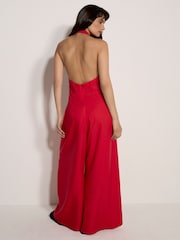 Apricot Red Halter Neck Wide-Leg Jumpsuit - Image 2 of 5