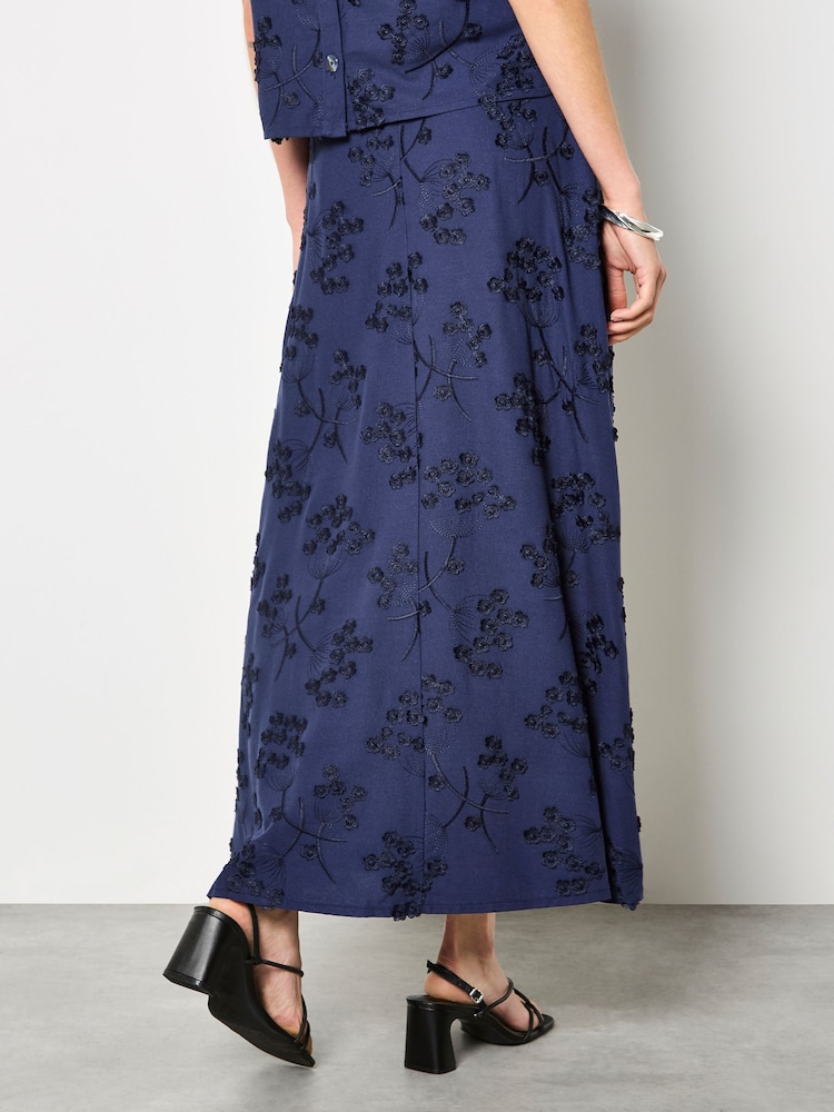 Apricot Blue Embroidered Floral Linen Blend Midaxi Skirt - Image 4 of 4