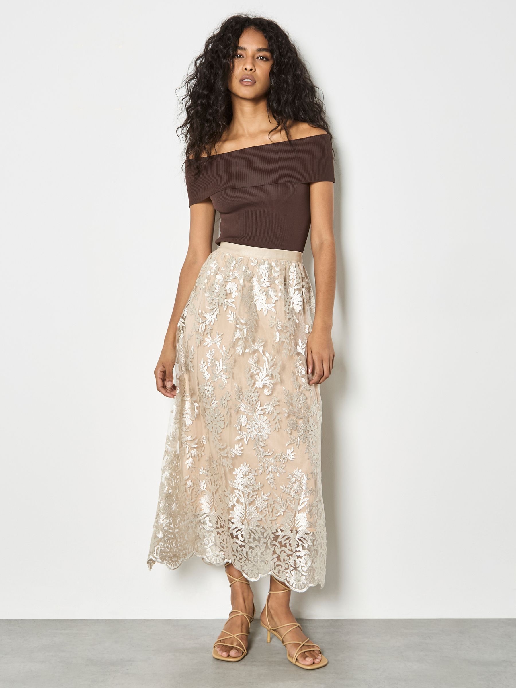 Buy Apricot Natural Shimmer Mesh Floral Embroidered Midi Skirt