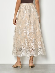 Apricot Natural Shimmer Mesh Floral Embroidered Midi Skirt - Image 2 of 4