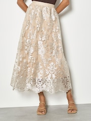 Apricot Natural Shimmer Mesh Floral Embroidered Midi Skirt - Image 3 of 4