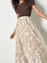 Apricot Natural Shimmer Mesh Floral Embroidered Midi Skirt - Image 4 of 4