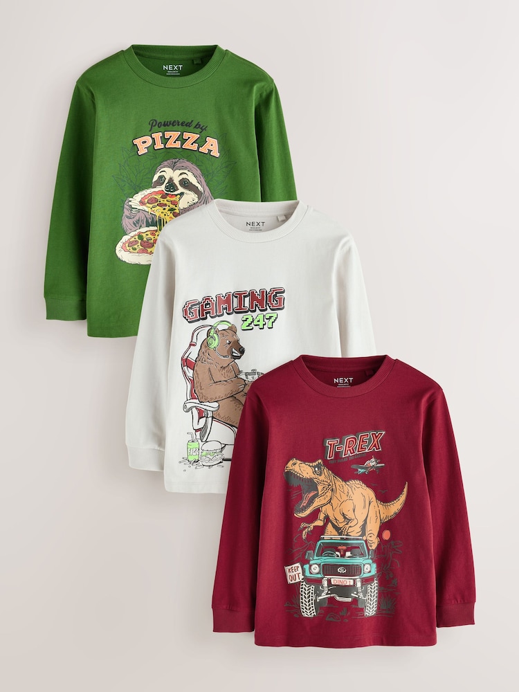 Red/Green/Grey Character Graphic Long Sleeve Relaxed Fit T-Shirts 3 Pack (3-16yrs) - Image 1 of 7 Red/Green/Grey Character Graphic Long Sleeve Relaxed Fit T-Shirts 3 Pack (3-16yrs) - Image 1 of 7