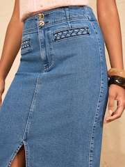 Love & Roses Mid Blue Denim Midi Skirt With Plait Pocket Detail - Image 2 of 4