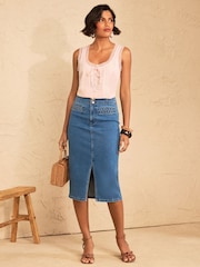 Love & Roses Mid Blue Denim Midi Skirt With Plait Pocket Detail - Image 3 of 4