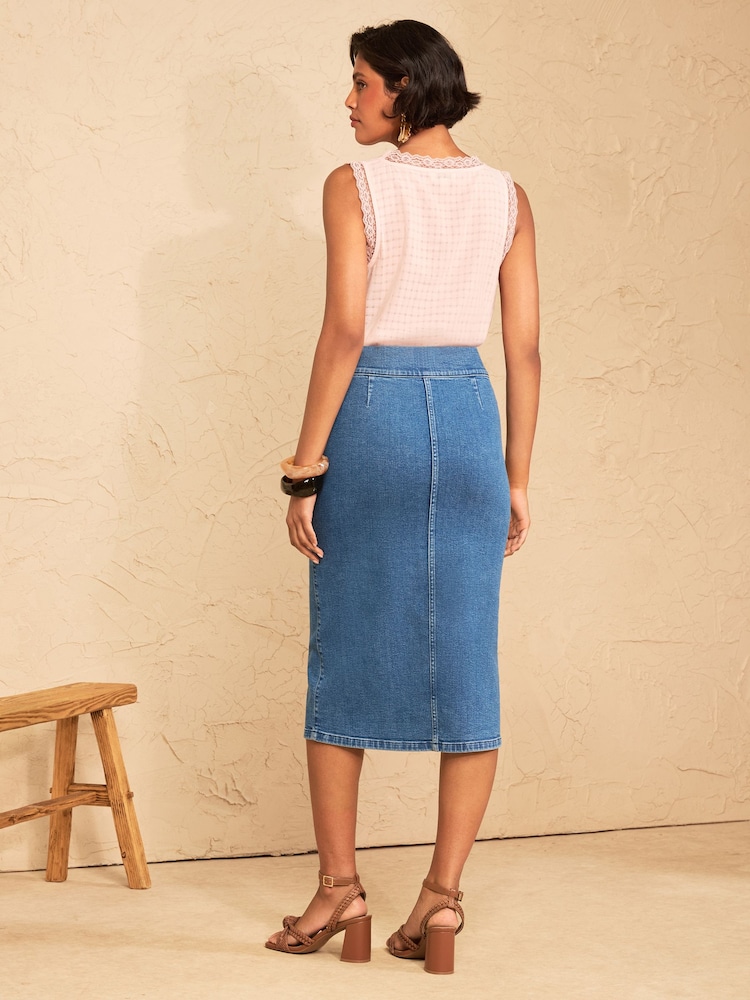 Love & Roses Mid Blue Denim Midi Skirt With Plait Pocket Detail - Image 4 of 4