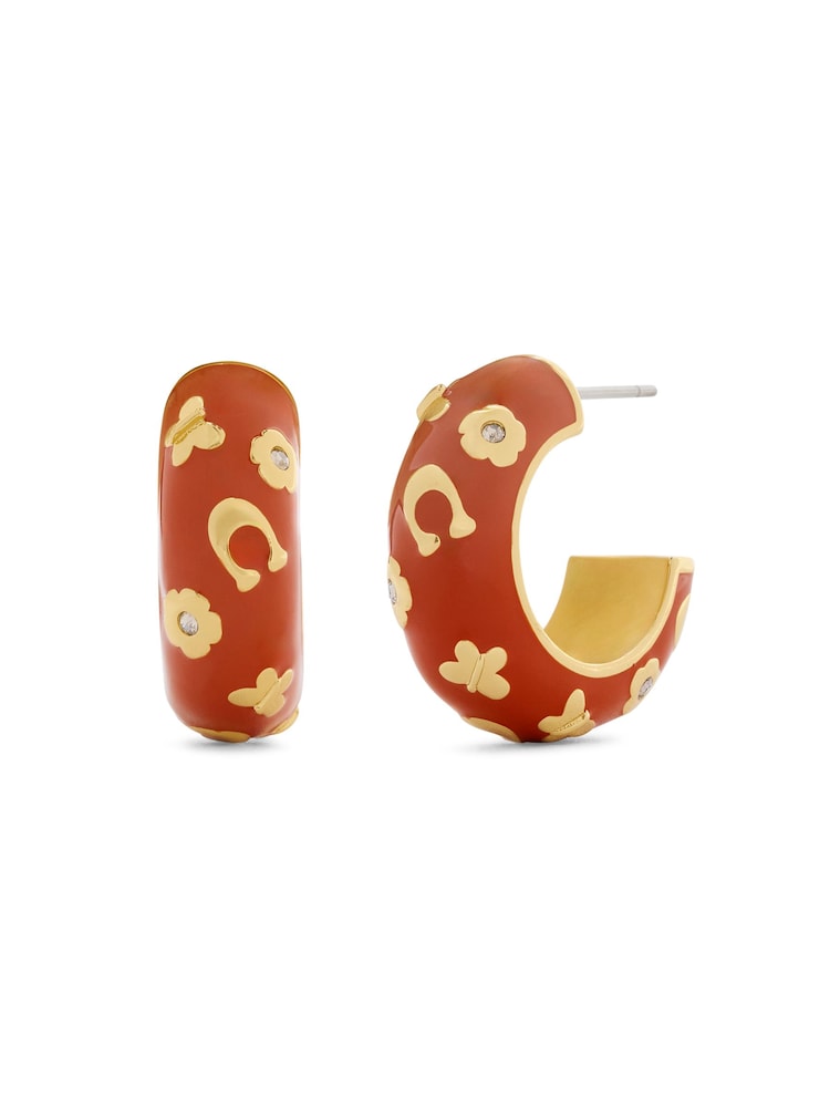 COACH Gold Tone Signature C Floral Chubby Hoop Earrings - Image 1 of 4