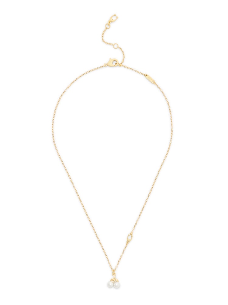 COACH Gold Tone Signature Pearl Cherry Pendant Necklace - Image 1 of 5 COACH Gold Tone Signature Pearl Cherry Pendant Necklace - Image 1 of 5