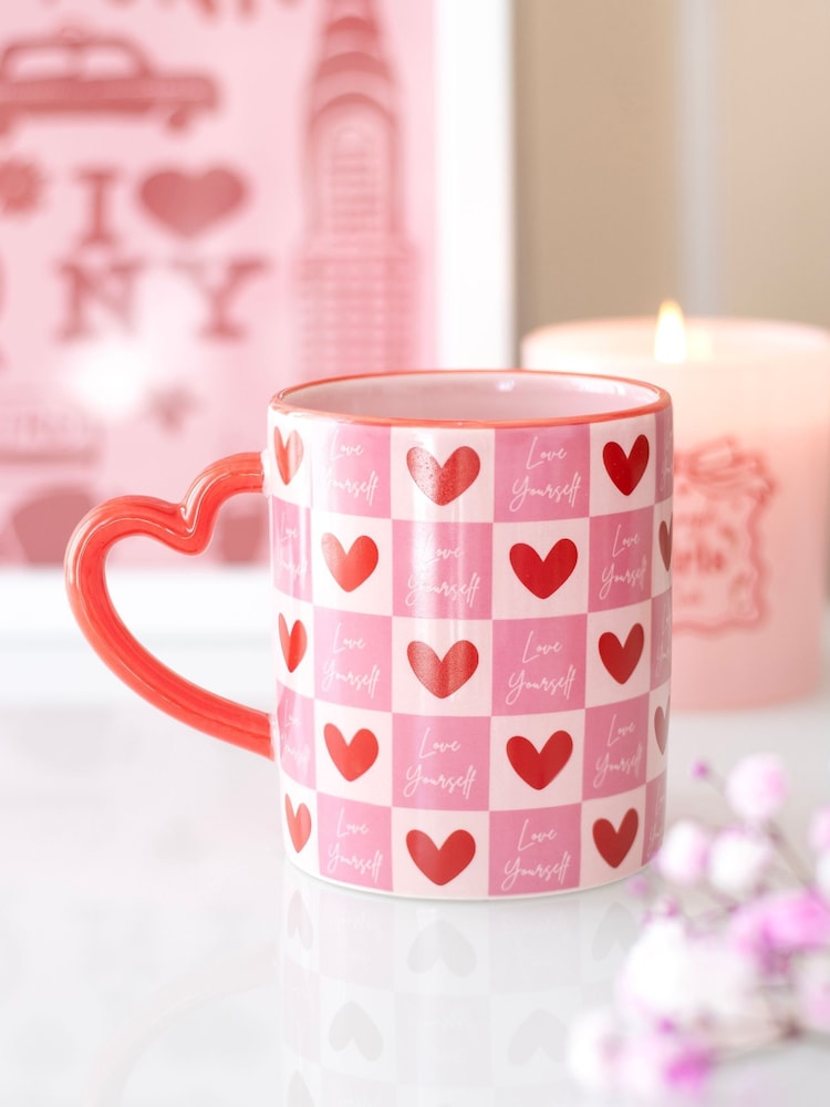 Something Different Pink Love Yourself Checkered Mug with Heart Handle - Image 1 of 4
