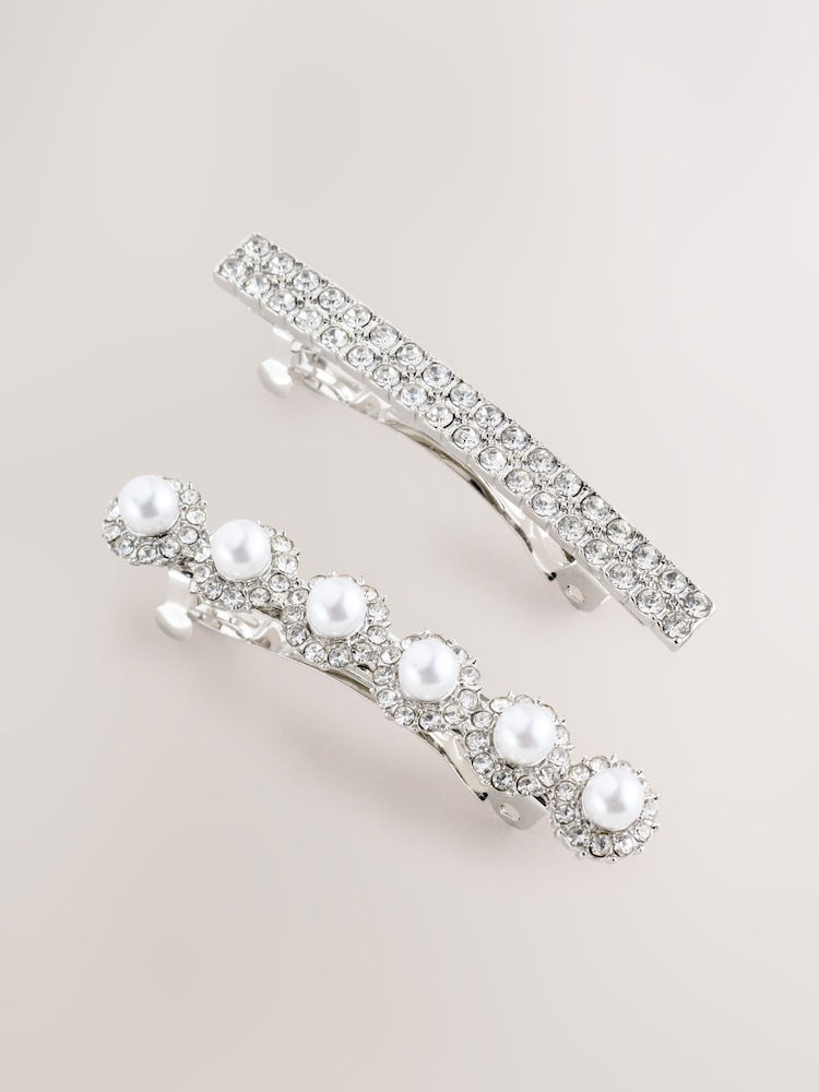 Silver Tone/ Pearl Effect Sparkle Hair Slides 2 Pack - Image 1 of 4 Silver Tone/ Pearl Effect Sparkle Hair Slides 2 Pack - Image 1 of 4