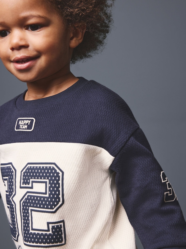 Navy Varsity Colourblock Long Sleeve Back Graphic T-Shirt (3mths-10yrs) - Image 3 of 3 Navy Varsity Colourblock Long Sleeve Back Graphic T-Shirt (3mths-10yrs) - Image 3 of 3