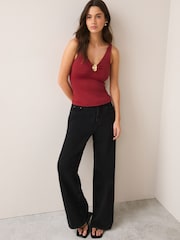 Red Soft Touch Slinky Sleeveless Hardware V-Neck Top - Image 3 of 8