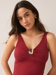 Red Soft Touch Slinky Sleeveless Hardware V-Neck Top - Image 5 of 8