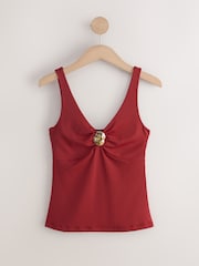 Red Soft Touch Slinky Sleeveless Hardware V-Neck Top - Image 6 of 8