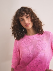 Pink/Purple Floral Ombre Crochet Short Sleeve Crew Neck T-Shirt - Image 1 of 4