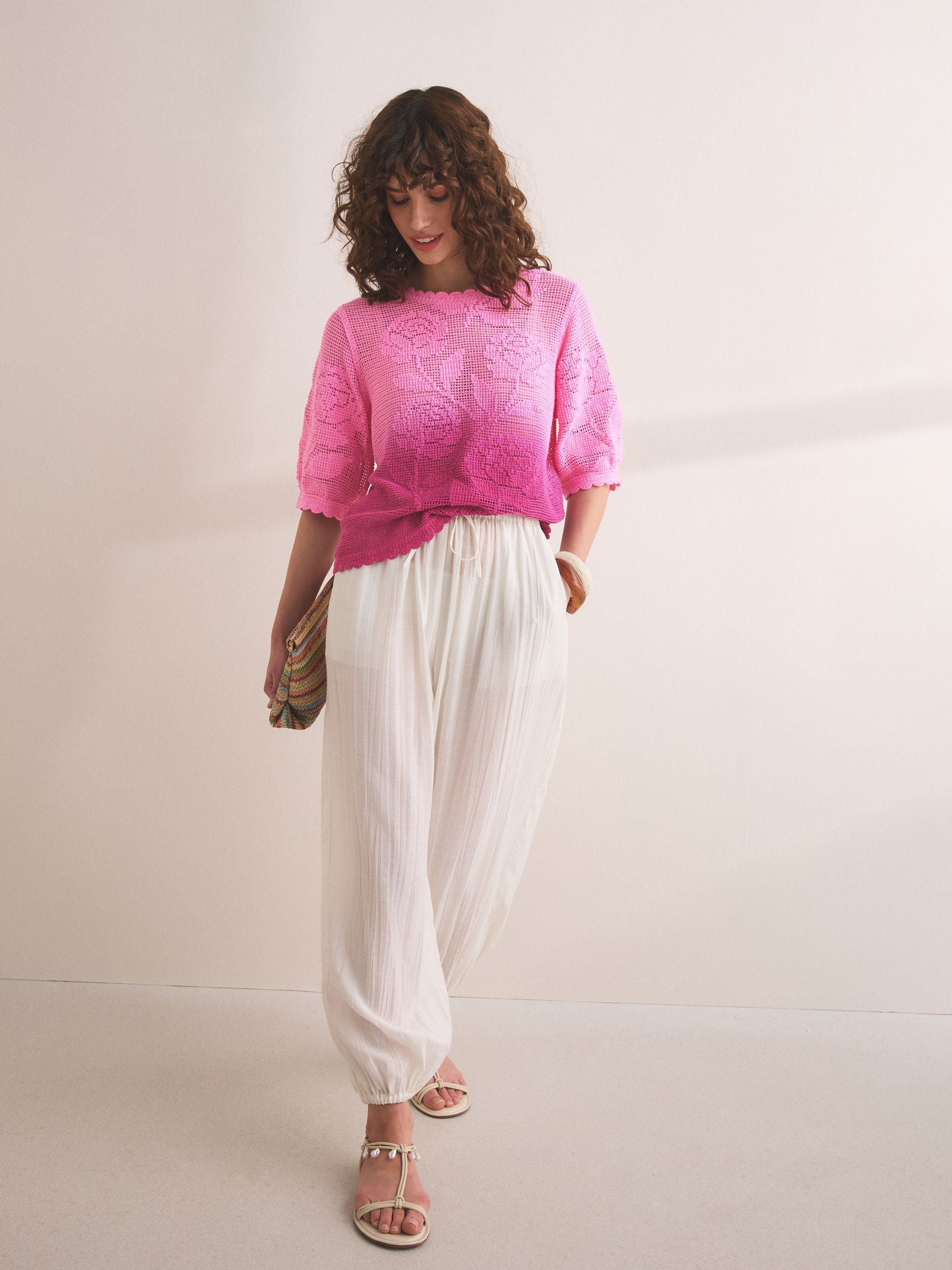 Buy Pink/Purple Floral Ombre Crochet Short Sleeve Crew Neck T