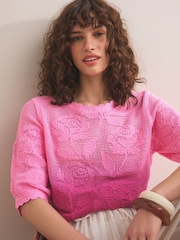 Pink/Purple Floral Ombre Crochet Short Sleeve Crew Neck T-Shirt - Image 3 of 4