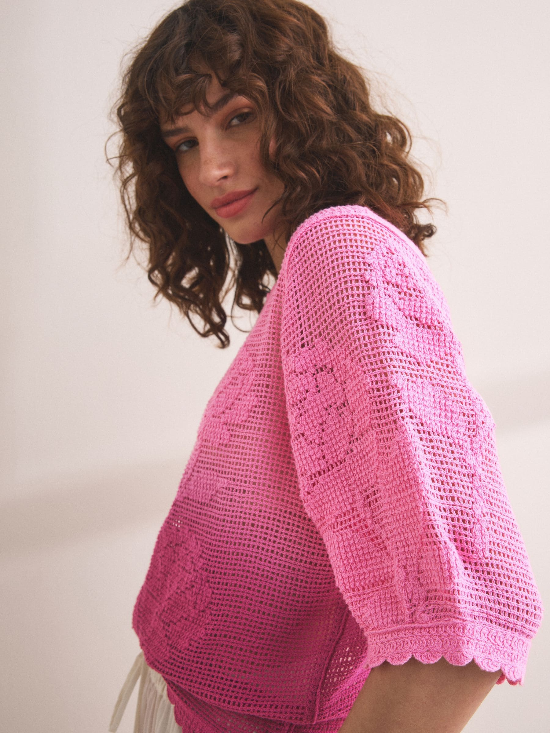 Buy Pink/Purple Floral Ombre Crochet Short Sleeve Crew Neck T