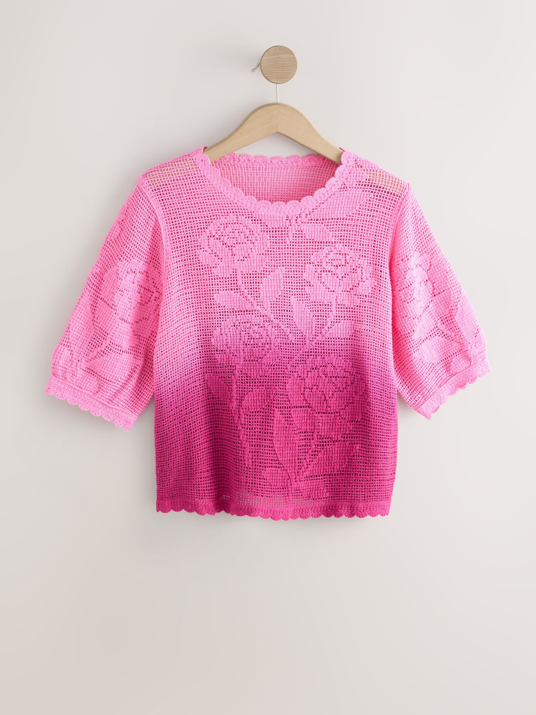 Buy Pink/Purple Floral Ombre Crochet Short Sleeve Crew Neck T