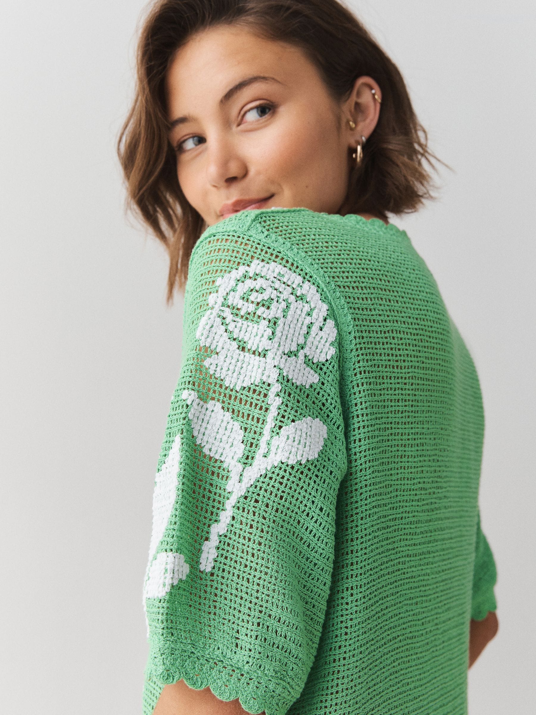 Buy Green/White Multi Floral Crochet Short Sleeve Crew Neck T