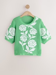 Grün/Weiß mehrfarbig Floral - Häkel-T-Shirt mit Rundhalsausschnitt - Bild 5 von 8