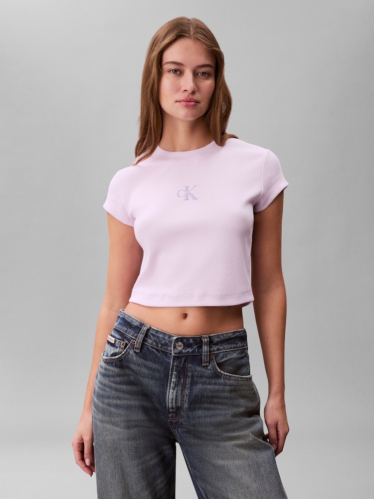 Calvin Klein Purple Woven Label T-Shirt - Image 2 of 5