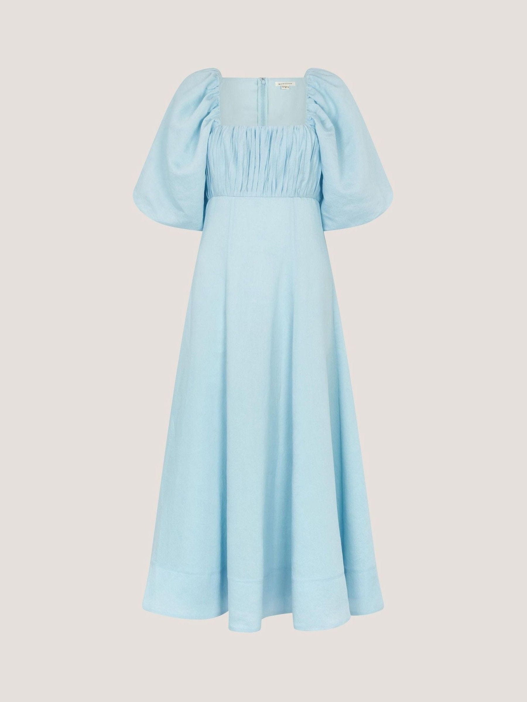 light blue dress puff sleeves Sky Blue Midi Dress, Puff Sleeve Summer Dress, Tea Length Outfit for Celebrations, Formal Events, Elegant Guest Look
