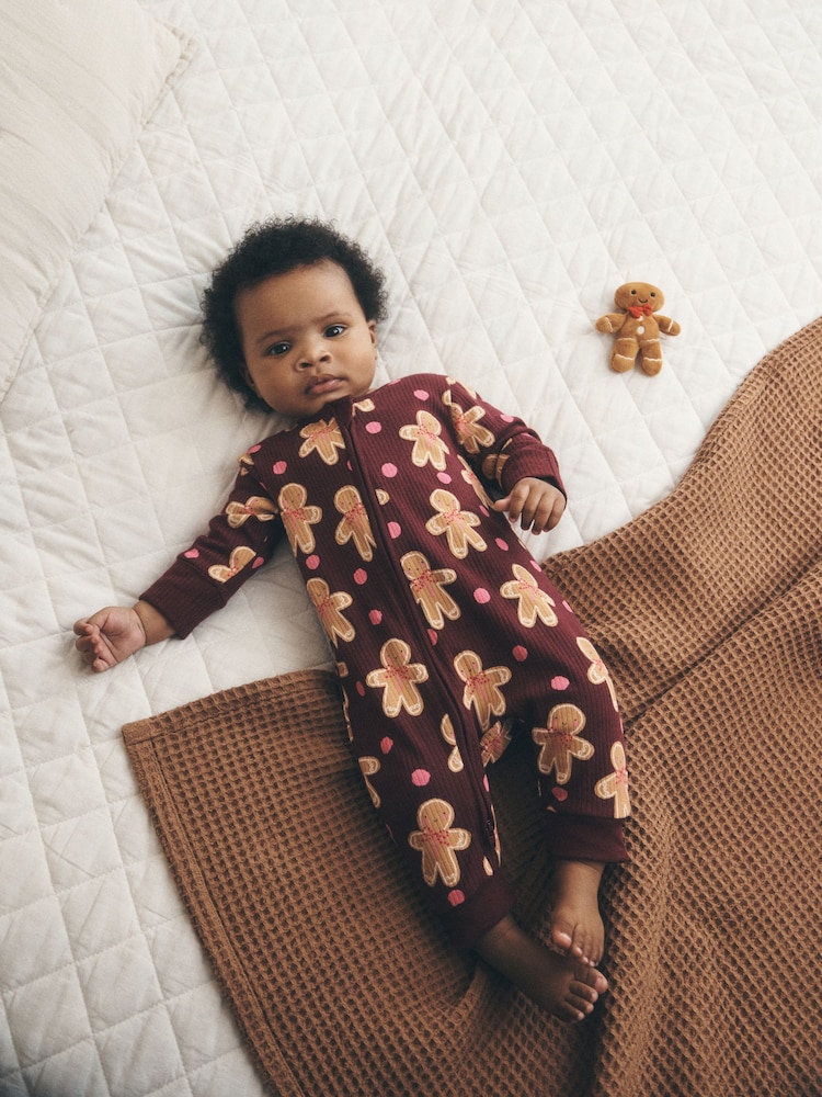 Burgundy Red Gingerbread Man Christmas Two Way Zip Sleepsuit (0mths-3yrs) - Image 1 of 9 Burgundy Red Gingerbread Man Christmas Two Way Zip Sleepsuit (0mths-3yrs) - Image 1 of 9