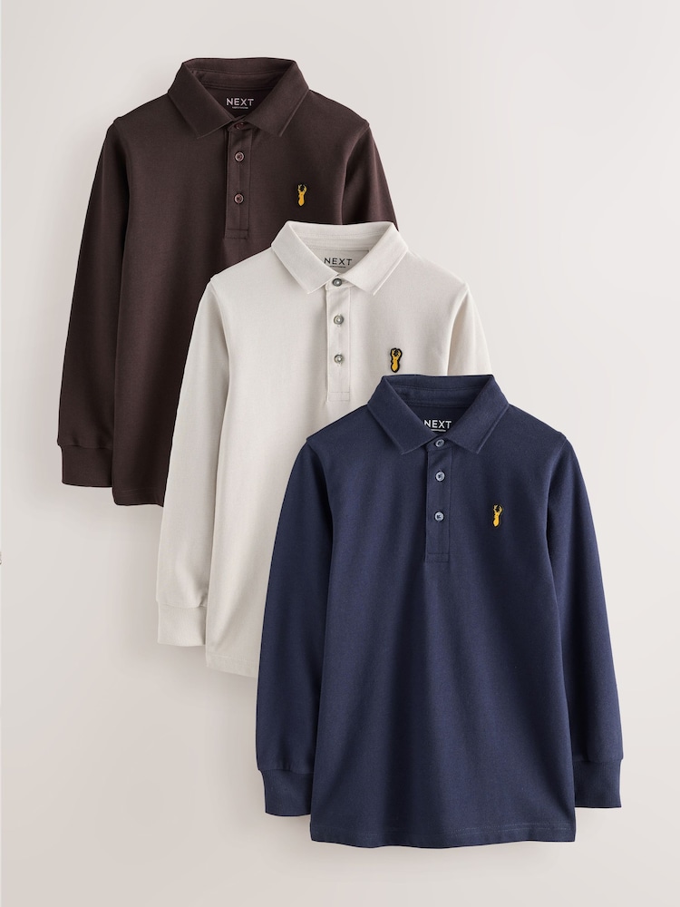 Grey/ Chocolate/ Navy - Uzunqol Polo Köynəklər 3 Paket (3-16il) - 7şəkildən 1 şəkil