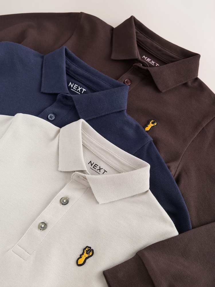 Grey/ Chocolate/ Navy - Uzunqol Polo Köynəklər 3 Paket (3-16il) - 7şəkildən 7 şəkil