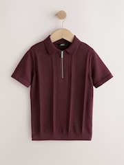 Dark Red Knitted Zip Neck Polo Shirt (3-16yrs) - Image 1 of 4
