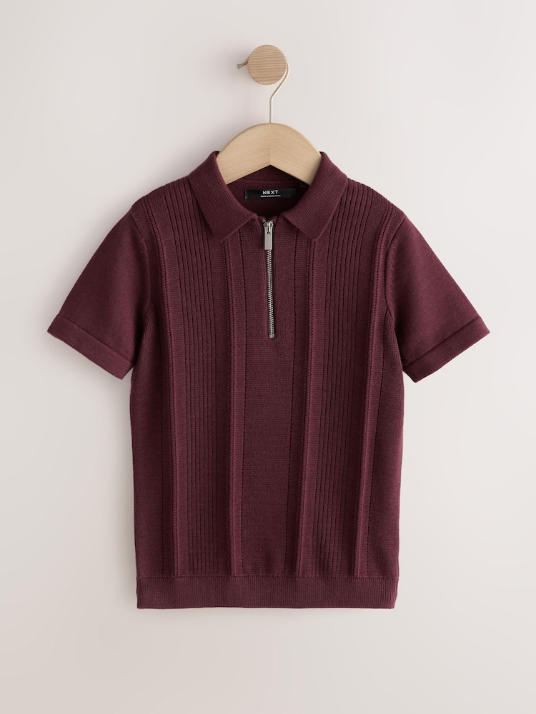 Dark Red Knitted Zip Neck Polo Shirt (3-16yrs) - Image 1 of 4 Dark Red Knitted Zip Neck Polo Shirt (3-16yrs) - Image 1 of 4