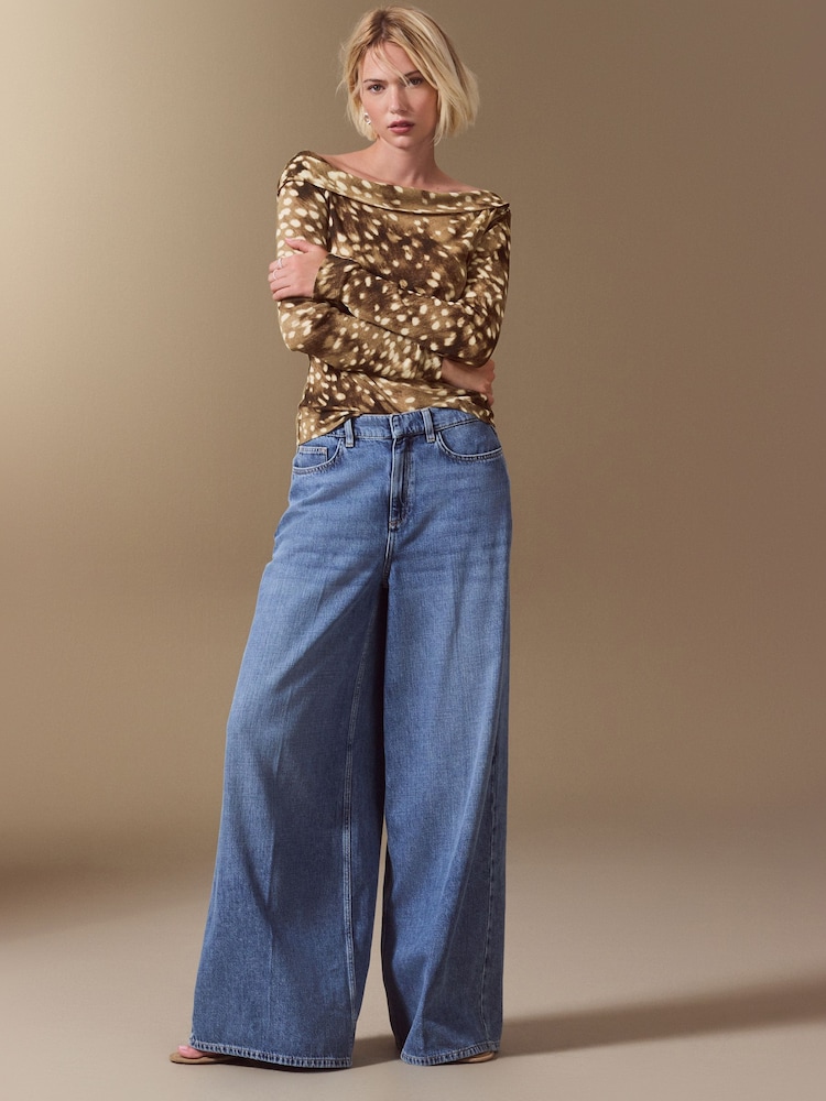 Brown Deer Print Long Sleeved Asymmetric Mesh Top - Image 2 of 8 Brown Deer Print Long Sleeved Asymmetric Mesh Top - Image 2 of 8