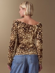 Brown Deer Print Long Sleeved Asymmetric Mesh Top - Image 3 of 8