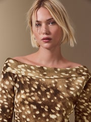 Brown Deer Print Long Sleeved Asymmetric Mesh Top - Image 5 of 8