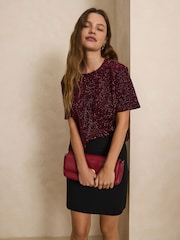 Burgundy Red Short Sleeved Sequin Top - Image 1 of 8