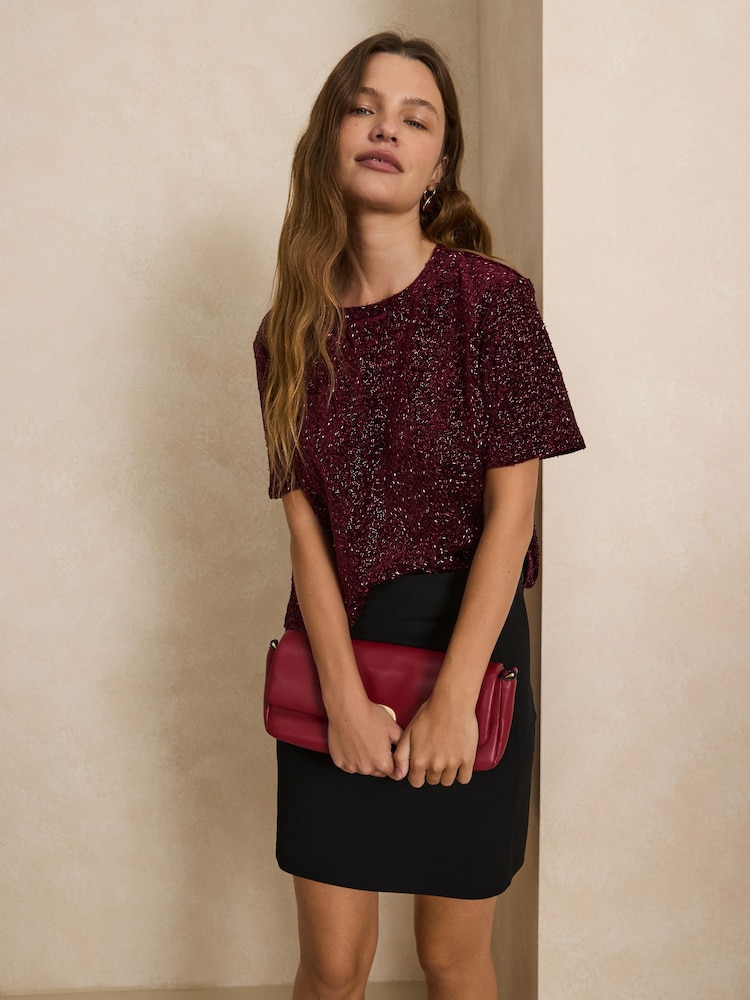 Burgundy Red Short Sleeved Sequin Top - Image 1 of 8 Burgundy Red Short Sleeved Sequin Top - Image 1 of 8