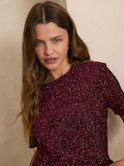 Burgundy Red Short Sleeved Sequin Top - Image 5 of 8