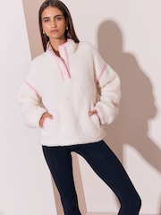 Lipsy Cream Pink Piping Quarter Button Through Cosy Borg Fleece - Image 1 of 5