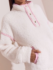 Lipsy Cream Pink Piping Quarter Button Through Cosy Borg Fleece - Image 3 of 5