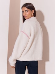 Lipsy Cream Pink Piping Quarter Button Through Cosy Borg Fleece - Image 5 of 5
