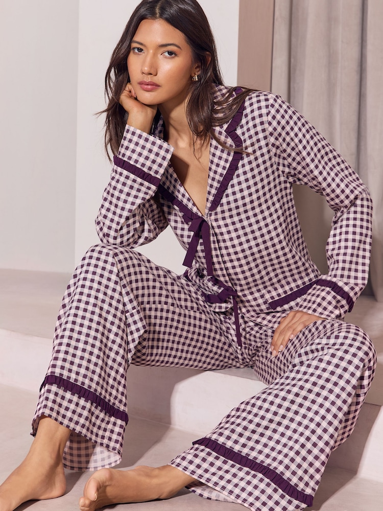 Lipsy Gingham Frill Collared Pyjamas Set - Image 1 sur 6