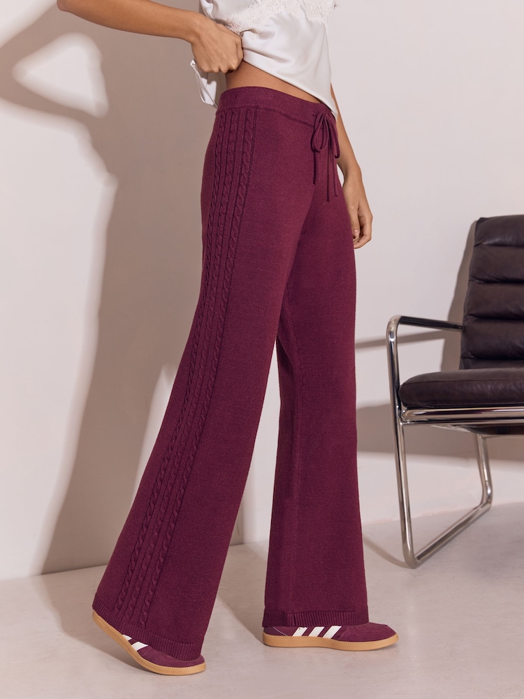 Lipsy Burgundy Red Cable Detail Knitted Wide Leg Joggers - Image 1 of 5