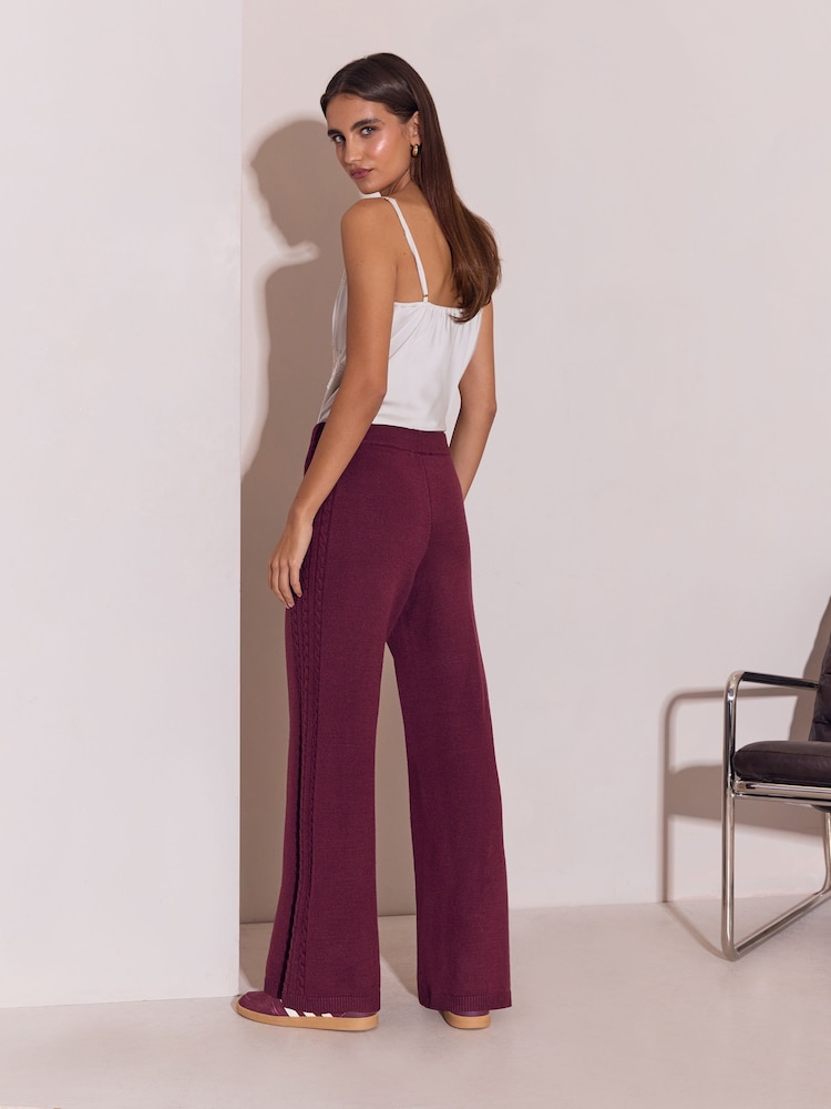 Lipsy Burgundy Red Cable Detail Knitted Wide Leg Joggers - Image 5 of 5