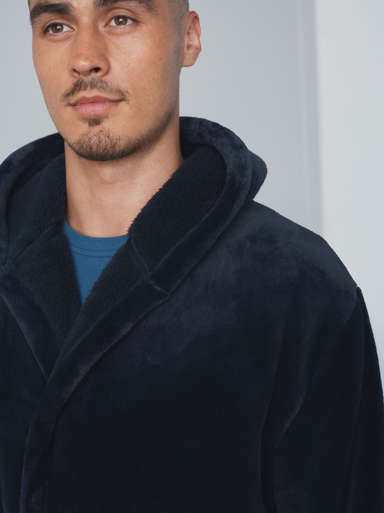 Navy Blue Fleece Dressing Gown - Image 2 of 4 Navy Blue Fleece Dressing Gown - Image 2 of 4