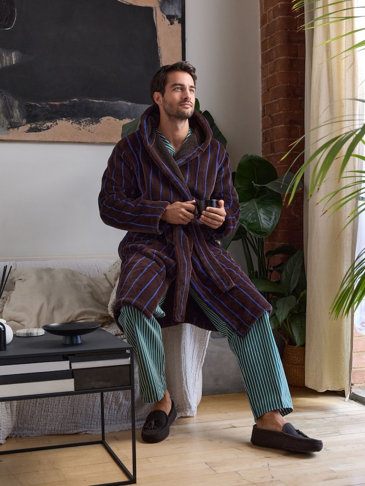 Brown/Blue Striped Borg Dressing Gown - Image 1 of 8 Brown/Blue Striped Borg Dressing Gown - Image 1 of 8