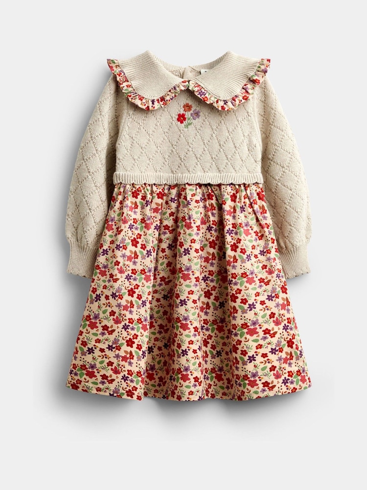 Jojo Maman Bébé Natural Floral Knitted Collar Combo Dress - Image 1 of 4 Jojo Maman Bébé Natural Floral Knitted Collar Combo Dress - Image 1 of 4