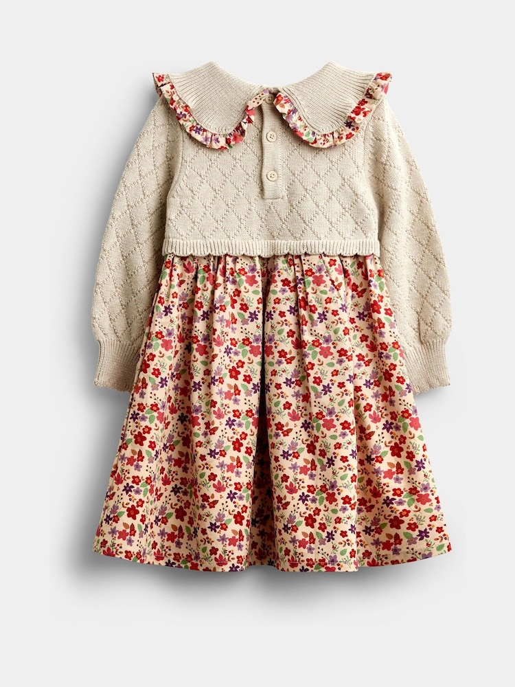 Jojo Maman Bébé Natural Floral Knitted Collar Combo Dress - Image 2 of 4 Jojo Maman Bébé Natural Floral Knitted Collar Combo Dress - Image 2 of 4
